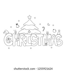Coloring book of christmas word. Vector illustration. Hand drawn. 