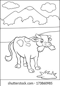 Coloring book for chuldren with cow on the meadow.