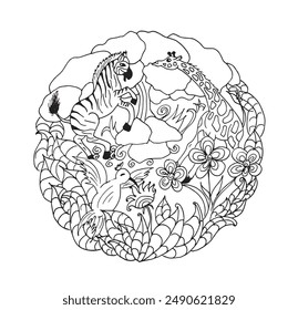 coloring book in a circle mandala magic forest zebra giraffe
hummingbird flowers plants