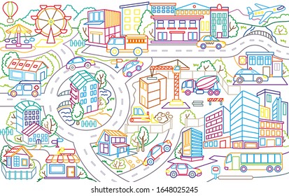 Coloring book of city map with cars along buildings and parks 