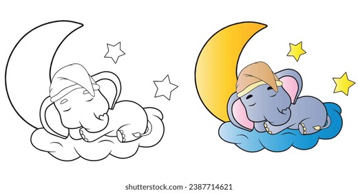 Coloring book, Clipart of a cute sleeping elephant on a cloud with the moon and stars