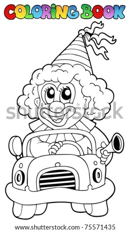 Coloring book with clown in car - vector illustration.