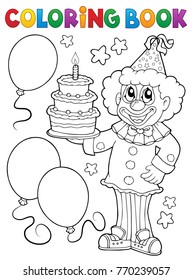 Coloring book clown holding cake - eps10 vector illustration.