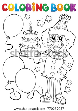 Coloring book clown holding cake - eps10 vector illustration.