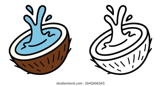 Libro para colorear de un coco agrietado abierto con jugo, sobre fondo blanco Ilustración vectorial de contorno