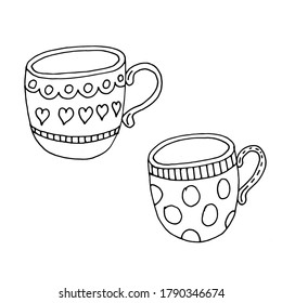 Coloring book coffee cups with abstract patterns.