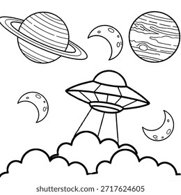 libro para colorear Colección de iconos espaciales de colores: nubes, planetas, lunas medievales y ovnis
