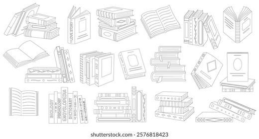 Coloring book of collection of cute different books. Stacks and piles of books. Educational and fiction literature. Library, bookstore. Vector illustration isolated on white background.