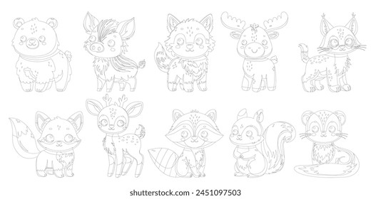 Coloring book of collection of cute happy little funny forest animal. Coloring page of set of cute autumn animal isolated on white background. Flat vector illustration.