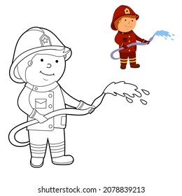 coloring book. color it according to the pattern. illustration of a firefighter, vector isolated on a white background.