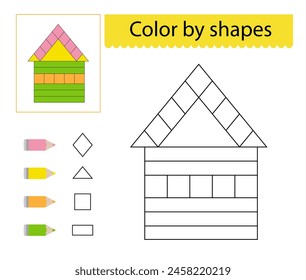 Coloring book. Color by shapes. Illustration for kids education. Cartoon house. Flat design.