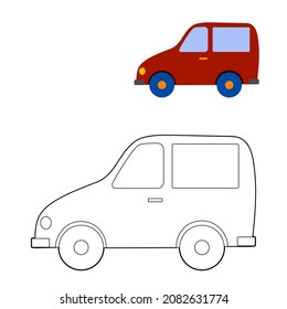 Farbbuch, Farbe auf dem Modell eines Kindercartoon-Autos. Vektorgrafik einzeln auf weißem Hintergrund.