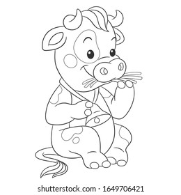 Coloring book. Colouring picture with cow. Cartoon outlined design for nursery poster, t shirt print, kids apparel, greeting card with cute animals.