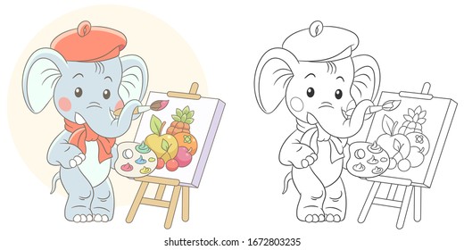 Coloring book. Colouring picture with elephant. Cartoon animal clipart set for nursery poster, t shirt print, kids apparel, greeting card, wallpaper or banner.