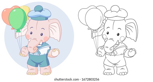 Coloring book. Colouring picture with elephant. Cartoon animal clipart set for nursery poster, t shirt print, kids apparel, greeting card, wallpaper or banner.