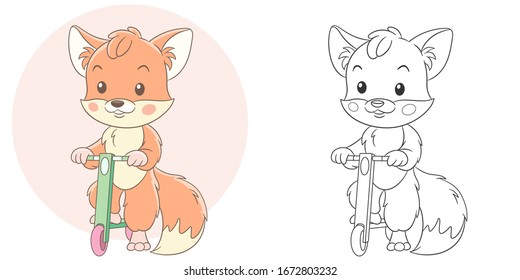 Coloring book. Colouring picture with fox. Cartoon animal clipart set for nursery poster, t shirt print, kids apparel, greeting card, wallpaper or banner.