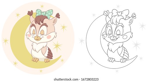 Coloring book. Colouring picture with owl sleeping. Cartoon animal clipart set for nursery poster, t shirt print, kids apparel, greeting card, wallpaper or banner.