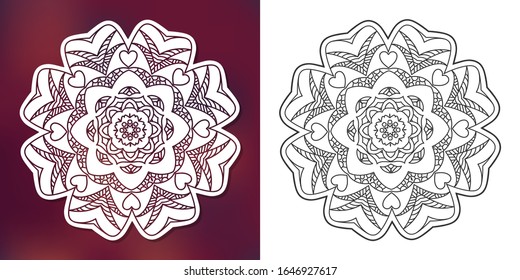Coloring book. Colouring picture with round mandala. Outlined designs for scrapbooking, poster, t shirt print, apparel, vintage greeting card, yoga template.