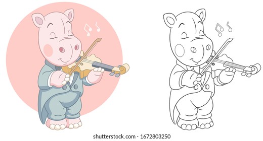 Coloring book. Colouring picture with violinist. Cartoon animal clipart set for nursery poster, t shirt print, kids apparel, greeting card, wallpaper or banner.