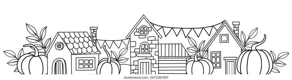 Livro de colorir. Composição com casa de outono bonito e abóboras, ilustração vetorial. Desenho para desenho animado infantil.
