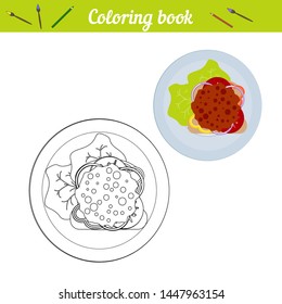 Coloring book. The concept of lunch, dinner. Sandwich with greens, vegetables, cutlet. Food on a round white plate in flat style. For icons, infographics, application elements. Vector