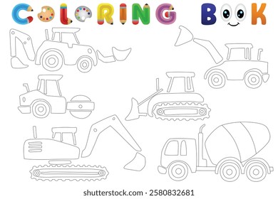 Coloring book of construction vehicles, vector catoon illustration