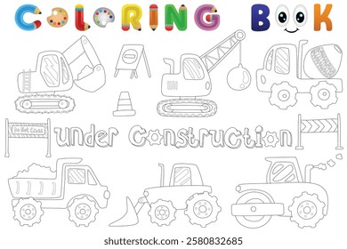 Coloring book of construction vehicles, vector catoon illustration