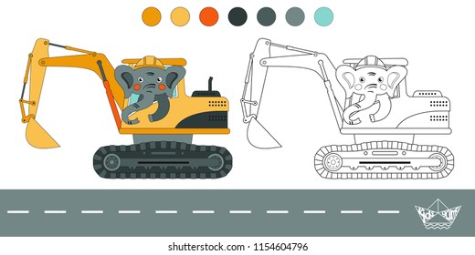 Coloring book with a contour and color example. Vector illustration with cartoon animal and construction equipment: elephant in the cab of the excavator.