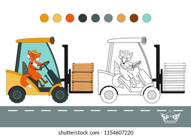 Coloring book with a contour and color example. Vector illustration with cartoon animal and construction equipment: fox in the cab of the forklift.