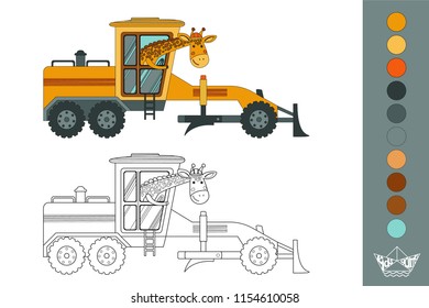 Coloring book with a contour and color example. Vector illustration with cartoon animal and construction equipment:giraffe  in the cab of the grader.
