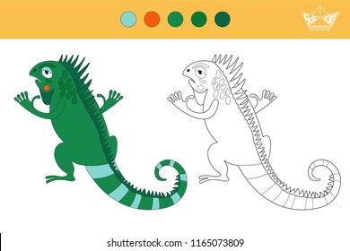 Coloring book with a contour and color example. Vector illustration. Iguana.