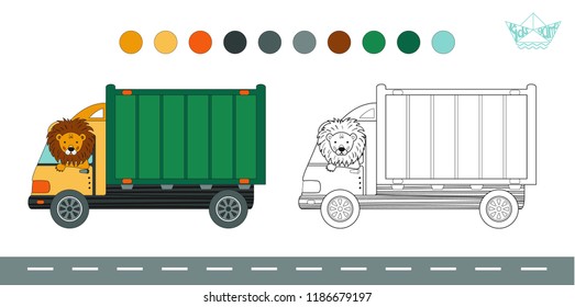 Coloring book with a contour and color example. Vector illustration: lion in the cab of the lorry.