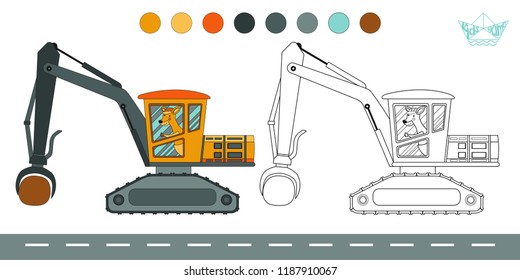 Coloring book with a contour and color example. Vector illustration: knuckle boom loader. Educational children game.