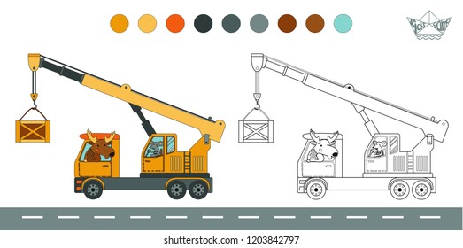 Coloring book with a contour and color example. Vector illustration: moose and mouse in the mobile crane. Educational children game.
