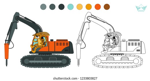 Coloring book with a contour and color example. Vector illustration: jaguar and jackhammer. Educational children game.
