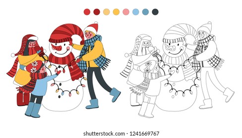 Libro para colorear con un ejemplo de contorno y color. Los niños hacen un muñeco de nieve. Juego educativo para niños.