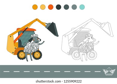 Coloring book with a contour and color example. Sheep and skid-steer loader. Educational children game.