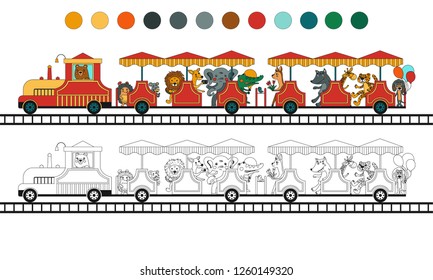 Coloring book with a contour and color example.  Educational children game. Vector illustration with cute animals (bear, lion, hedgehog, kangaroo, cat, elephant,crocodile, giraffe) on the train.