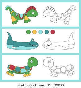 Coloring book with a contour and color example. The toy for swimming: gecko, shark, turtle