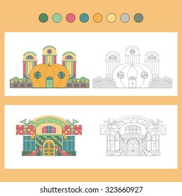 Coloring book with a contour and color example. Fairy house: shoe store, store vegetables.
