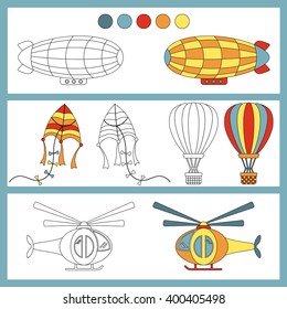 Coloring book with a contour and color example. Air transportation: airship, balloon, kite, helicopter.