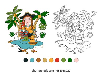 Coloring book with a contour and color example. Cartoon girl-pirate with a toy ship under the palm trees.