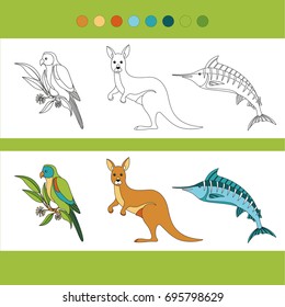 Coloring book with a contour and color example. Fauna of Tasmania (kangaroo, parrot, marlin).