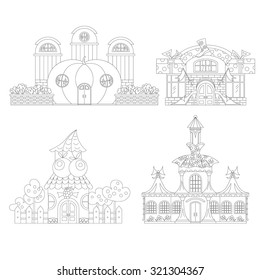 Coloring book with a contour.  Fairy house: shoe store, store vegetables, fruit shop, clothing store.