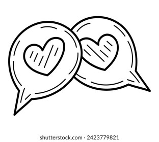 Coloring book conversation bubbles with hearts doodle. Love thoughts. Hand drawn illustration.