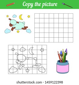 Coloring book Copy on the grid. With a sample Blue sheep flying through the night sky among the clouds, stars and the moon. Leisure development. Game for children magazine. Page of the worksheet.