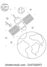 Farbbuch
 Kosmonauten-Tag
 Vektorgrafik-Stil mit Satellitengrafik. Weltraumfarbseiten. Schwarz-Weiß-Illustrationen.