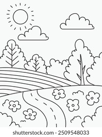 Libro para colorear: paisaje de campo con campos, prados y árboles