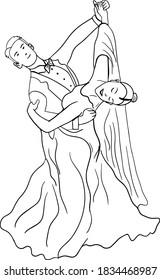 Coloring book: Couple dancing waltz. Dancing couple in evening dresses. Elegant man and woman. Vector outline illustration for coloring book for adults or kids.
