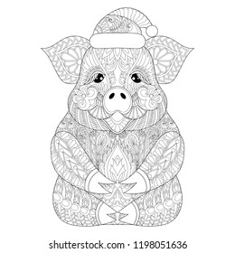 Coloring Book cover with happy Pig for New Year 2019. Adult coloring pages with zentangle detailes. Swine with Christmas hut for antistress drawing. Hand drawn sketch of Hog with doodle elements. 